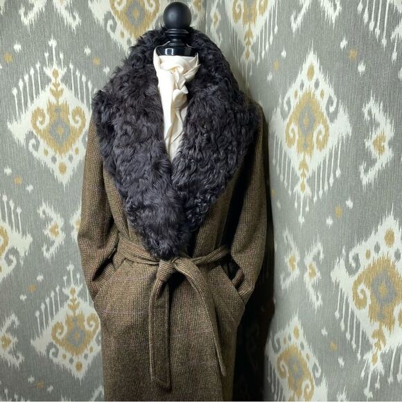 Ralph Lauren Fall 2011 Runway Olive Plaid Wool Tweed Shearling Collar Wrap Coat - Picture 4 of 16